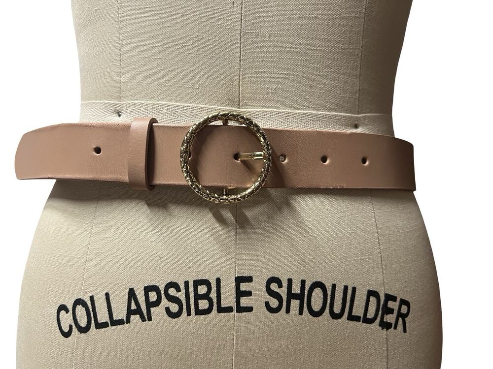 Rachel Parcell Taupe Gold Round Buckle Trouser Fit Leather Belt SZ XS